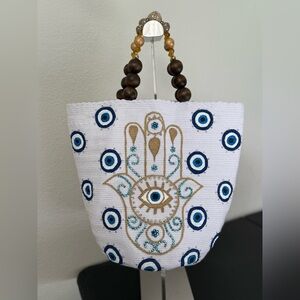 White and Blue Beaded Handbag